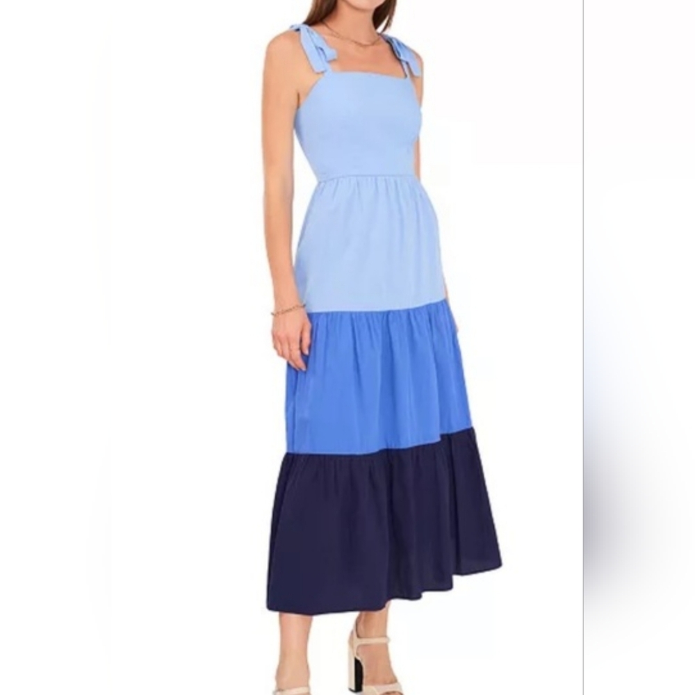 Riley Rae Women’s Tiered Blue Maxi Dress with Tie Straps Cotton